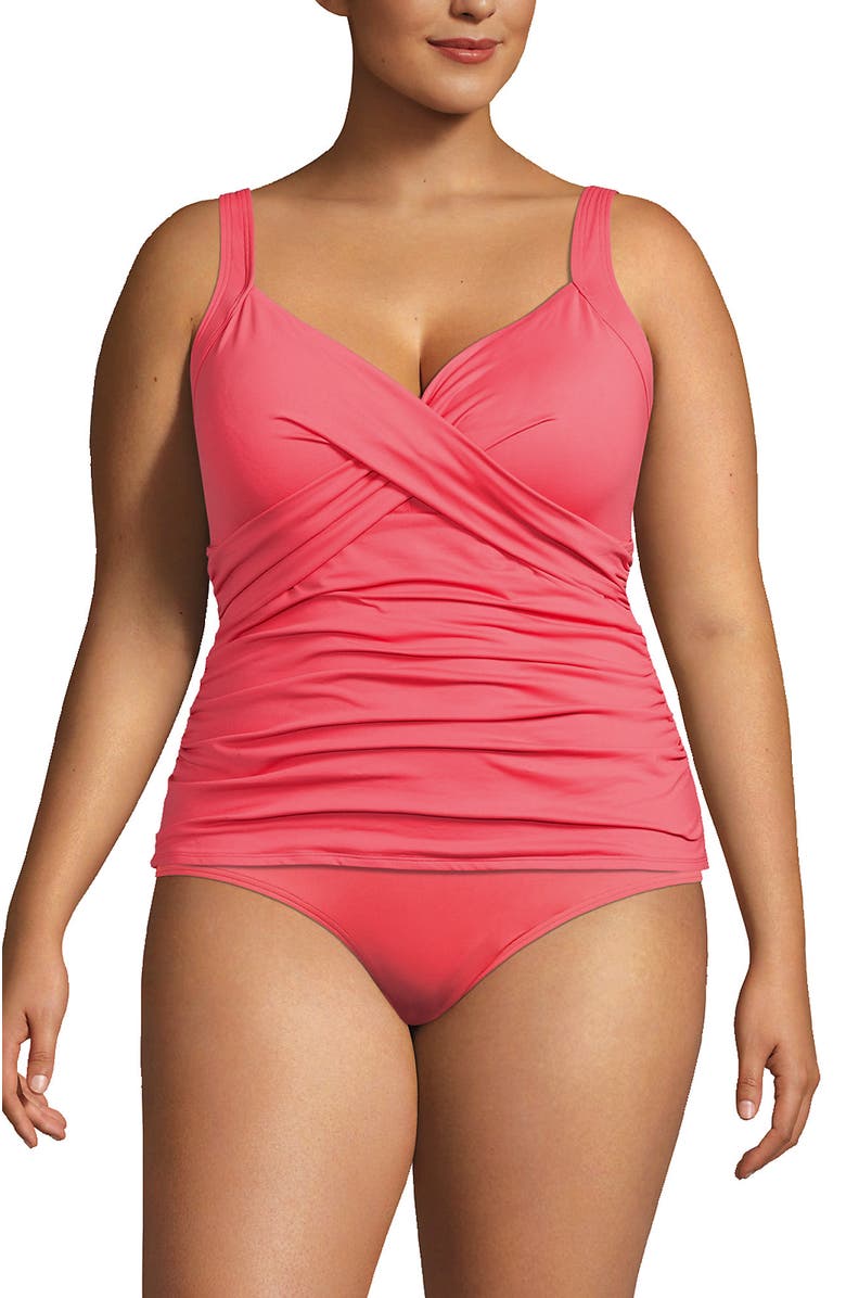 Lands' End Plus Size DD-Cup Chlorine Resistant V-Neck Underwire Tankini Top Swimsuit Adjustable Straps, Main, color, Wood Lily