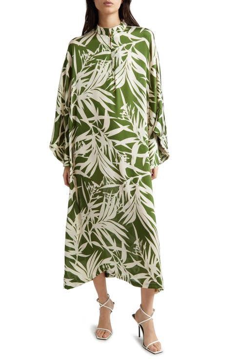 Leaf Print Long Sleeve Satin Cover-Up Caftan