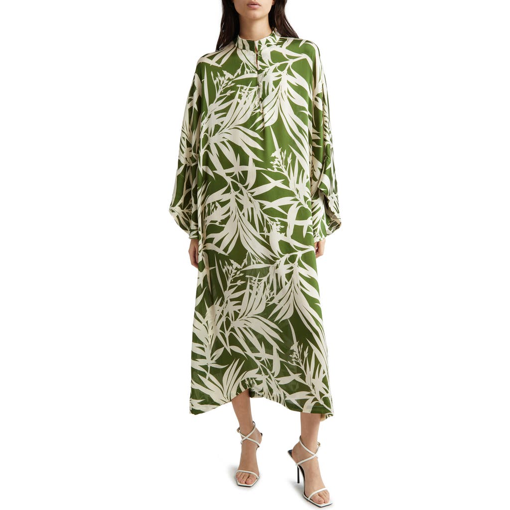 La Vie Style House Leaf Print Long Sleeve Satin Cover-up Caftan In Green/white