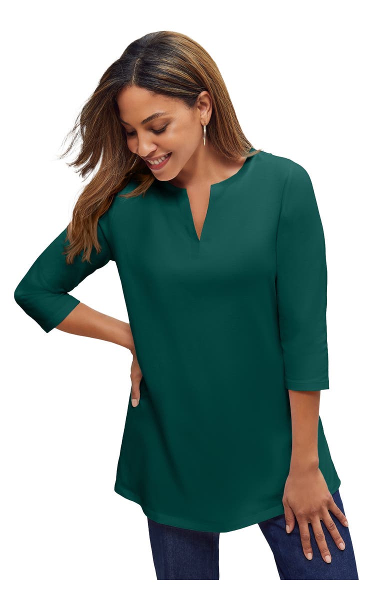 Jessica London Stretch Cotton Notch Neck Tunic, Main, color, Emerald Green