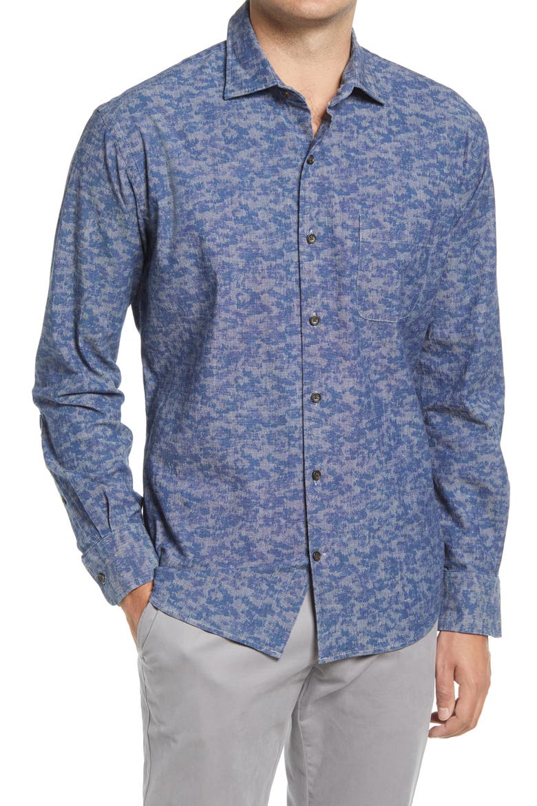 Fir Camo Cotton Chambray Long Sleeve Button-Up Shirt, Main, color, INDIGO