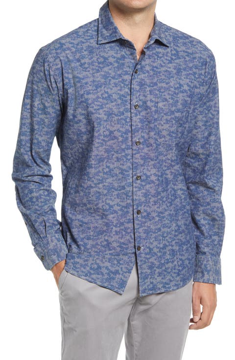 Fir Camo Cotton Chambray Long Sleeve Button-Up Shirt