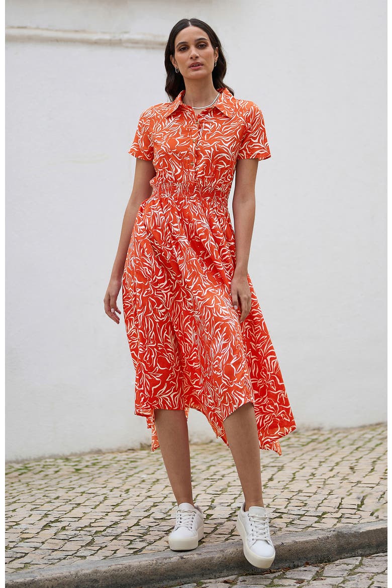Printed Midi Ruched Shirt Dress, Alternate, color, Coral