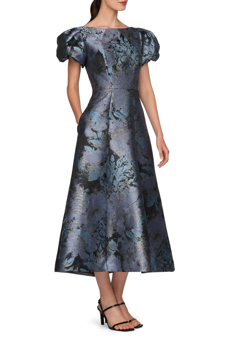 Jennifer Metallic Puff Sleeve Tea Length Dress, Alternate, color, CHAMBRAY MULTI
