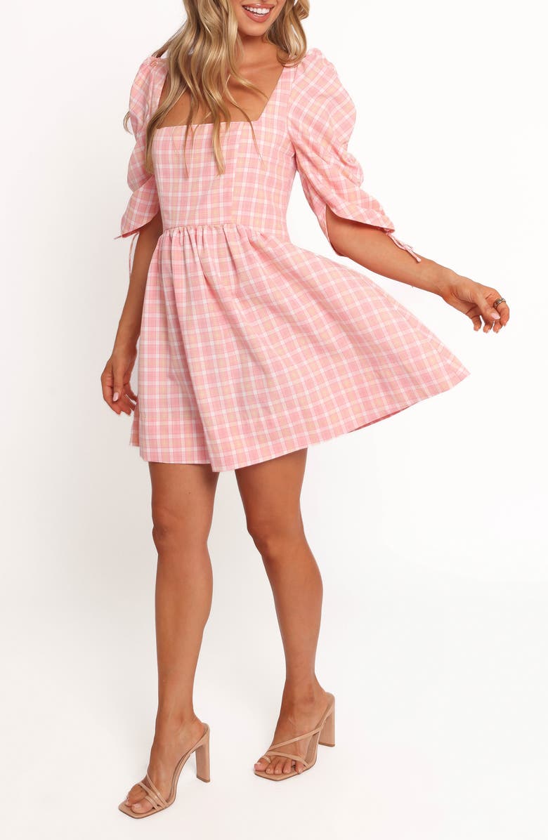 Petal & Pup Siena Check Puff Sleeve Minidress, Main, color, Pink Check