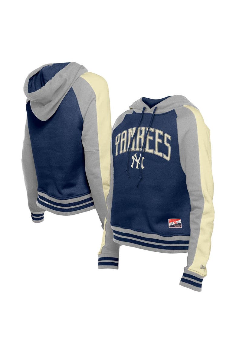 Women's New Era  Navy New York Yankees Throwback Cropped Raglan Pullover Hoodie, Main, color, Navy