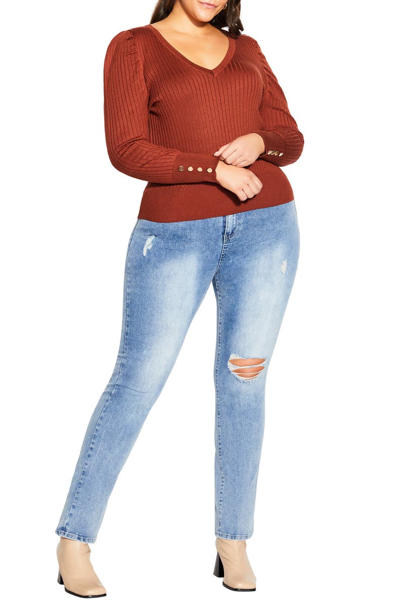 City Chic Rebel Rock Button Cuff Rib Sweater, Alternate, color, 