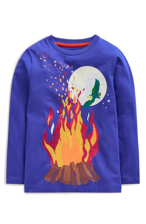 Mini Boden Kids' Campfire Glow-in-the-Dark Long Sleeve Cotton Graphic T-Shirt in Sapphire Blue Bonfire