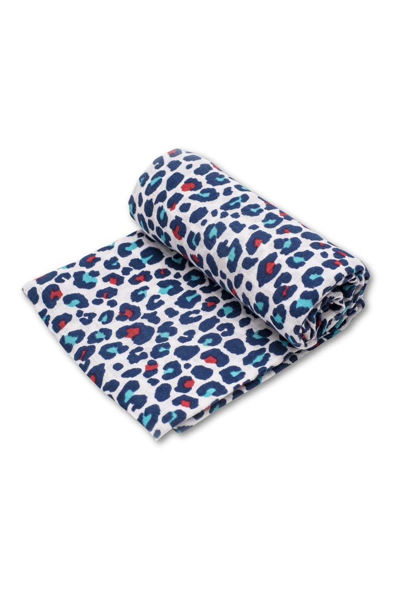 XL Blue Leopard Sensory Organic Cotton Muslin Blanket, Main, color, BLUE LEOPARD PRINT