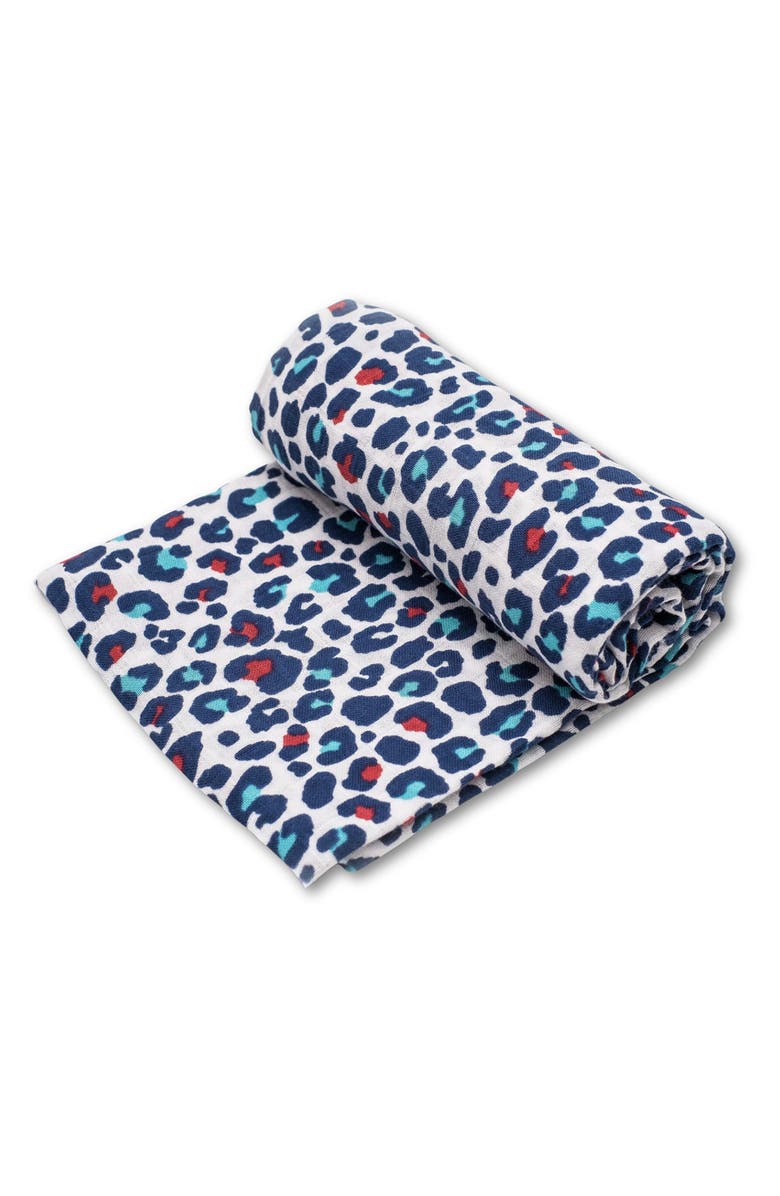 ETTA LOVES XL Blue Leopard Sensory Organic Cotton Muslin Blanket, Main, color, Blue Leopard Print