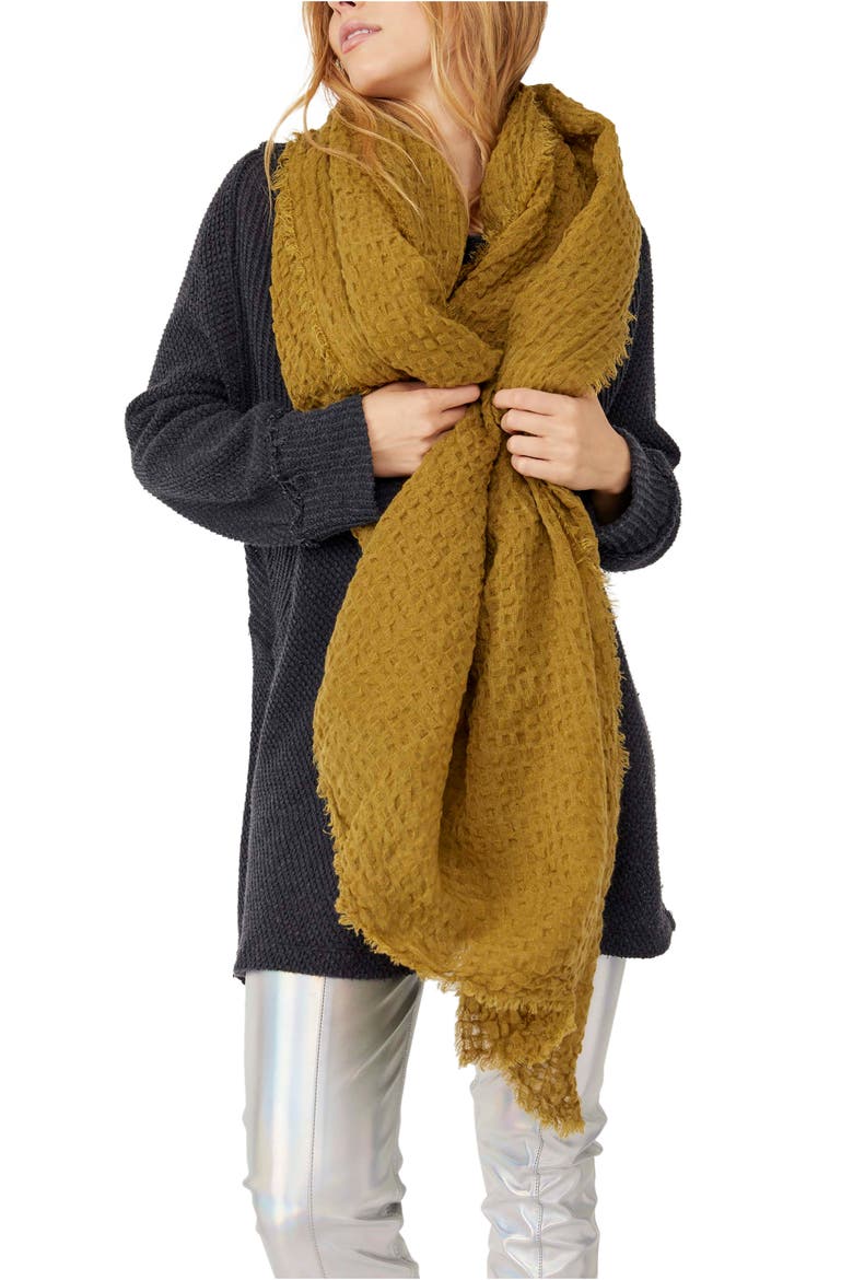 Cotton Waffle Blanket Scarf, Main, color, OLIVE