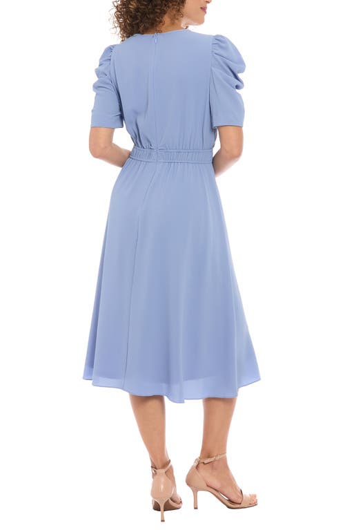 London Times Ruched Bubble Sleeve Midi Dress In Light Blue