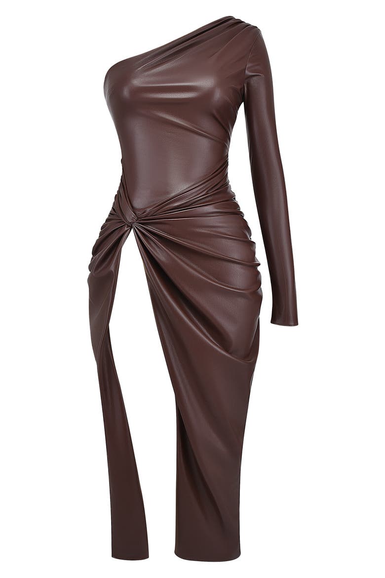 Octavia One-Shoulder Faux Leather Dress, Alternate, color, BROWN LEATHER