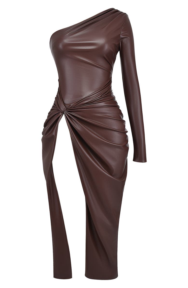 HOUSE OF CB Octavia One-Shoulder Faux Leather Dress, Alternate, color, Brown Leather