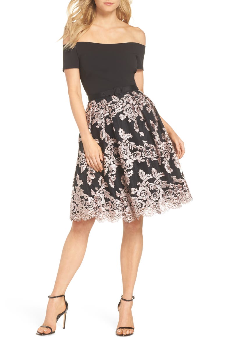 Off the Shoulder Party Dress, Main, color, BLACK/ BLUSH