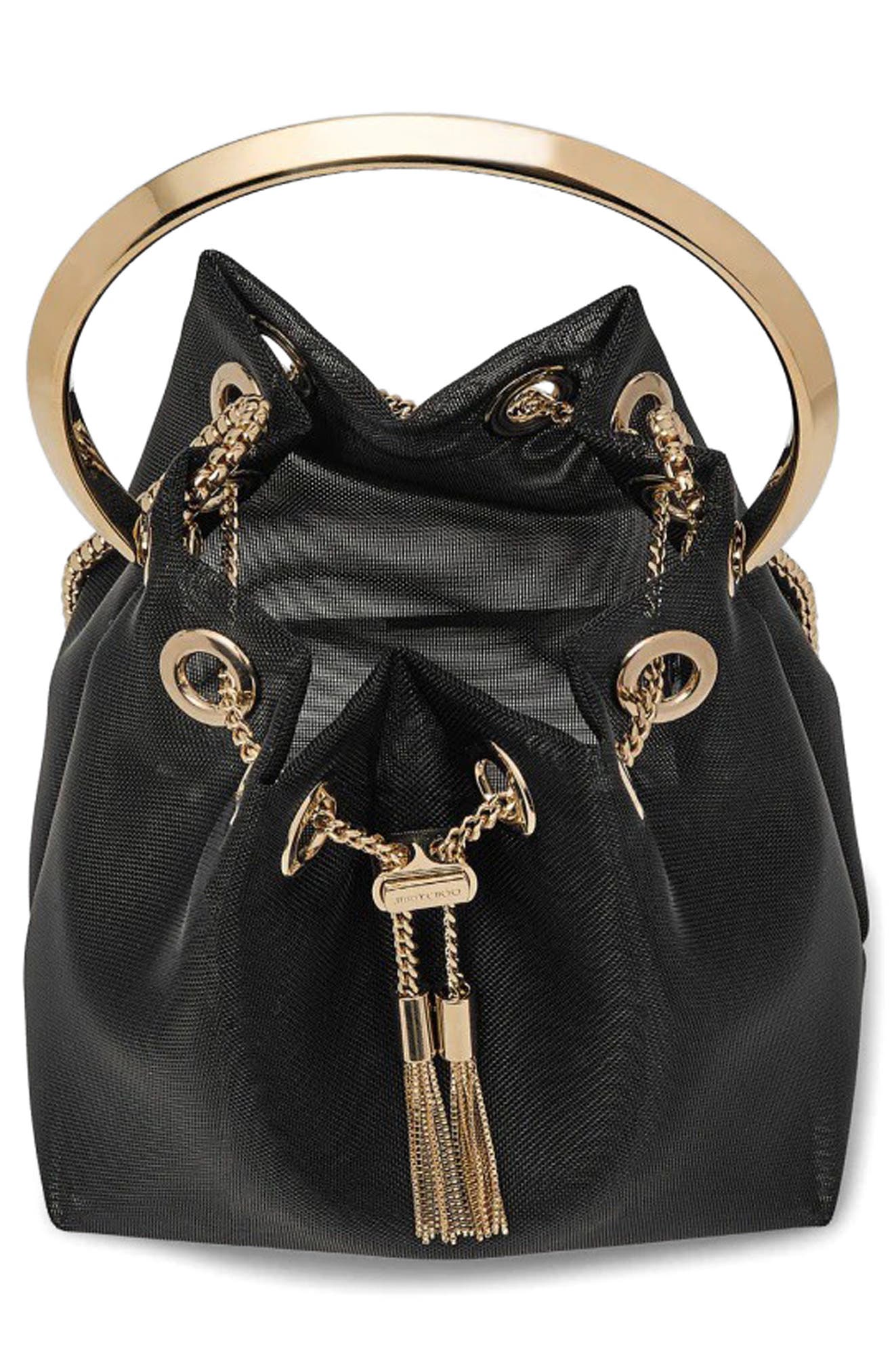Jimmy Choo Bon Bon Mesh Top Handle Pouch, Alternate, color, Black/ Light Gold