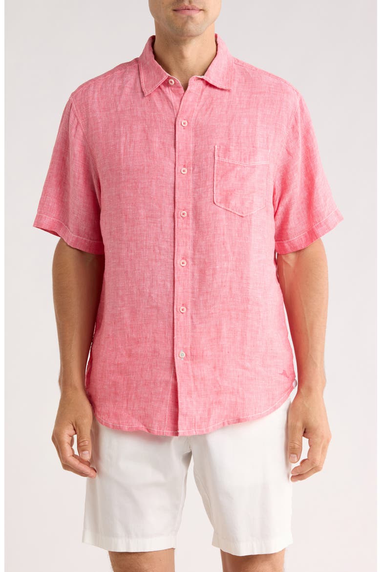 Bali Breezer Short Sleeve Linen Button-Up Shirt, Main, color, PARADISE PINK