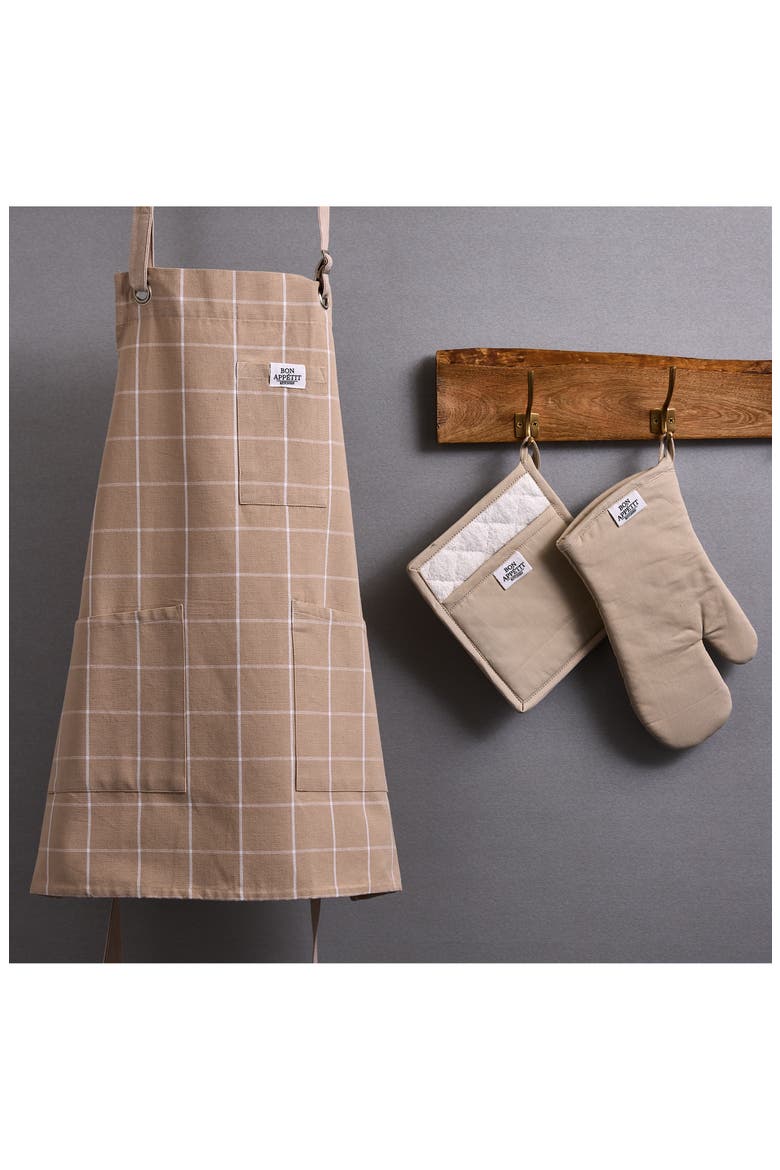 Windowpane Print Cotton Apron, Alternate, color, BEIGE