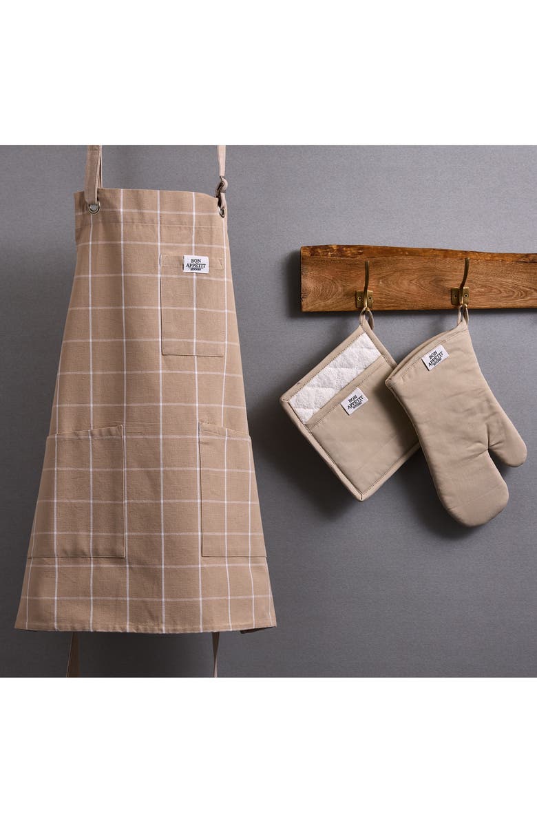 Design Imports Windowpane Print Cotton Apron, Alternate, color, Beige