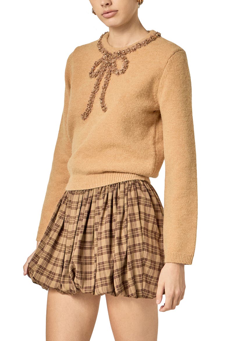 Floral Bow Trim Sweater, Alternate, color, BROWN