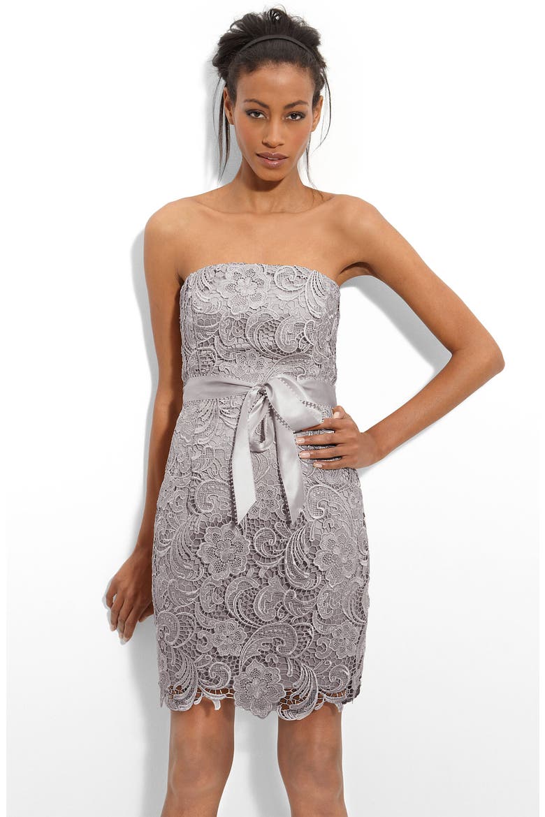 Strapless Lace Sheath Dress, Main, color, SILVER