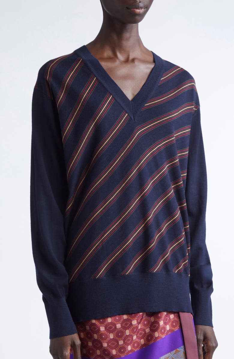 Dries Van Noten Tishana Merino Wool V-Neck Sweater, Alternate, color, Navy