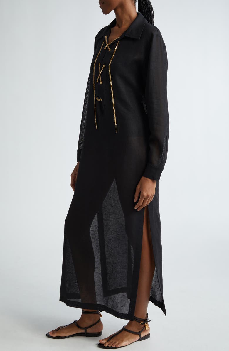 Michael Kors Collection Lace-Up Chain Long Sleeve Linen Gauze Shirtdress, Alternate, color, 