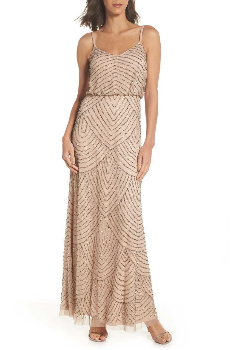 Embellished Blouson Gown, Alternate, color, TAUPE/ PINK