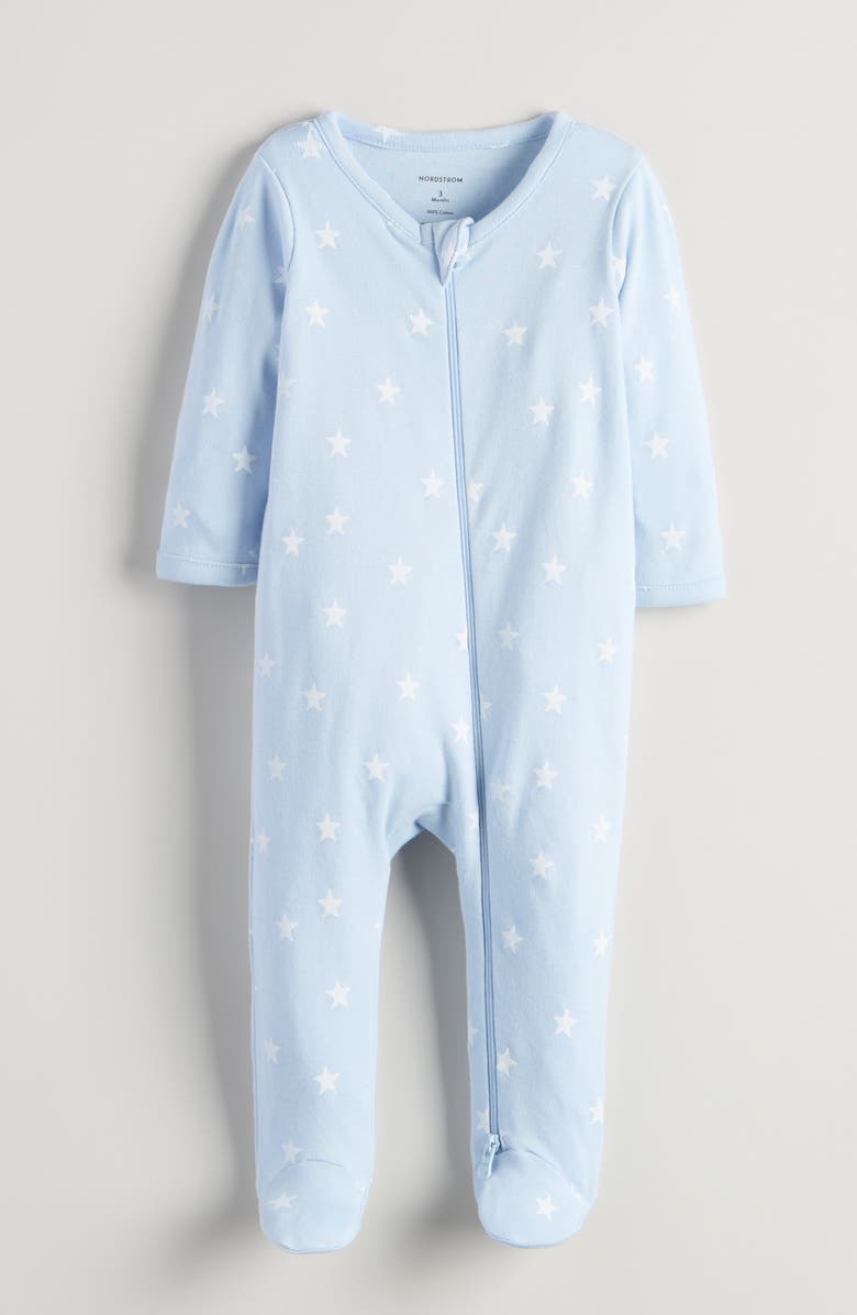 Nordstrom Print Cotton Footie Romper, Main, color, Blue Feather Starry Stars