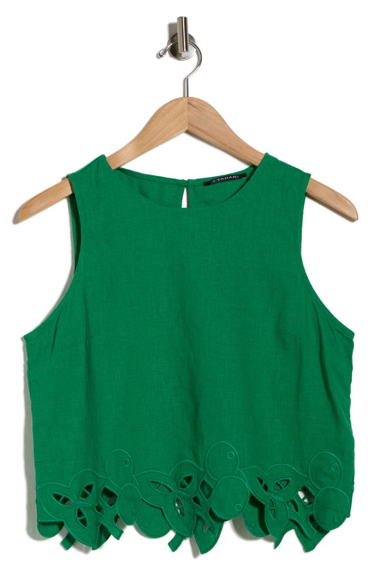 Embroidered Hem Crop Linen Blend Tank, Alternate, color, JUNGLE PALM