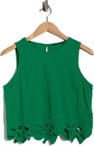 T Tahari Embroidered Hem Crop Linen Blend Tank