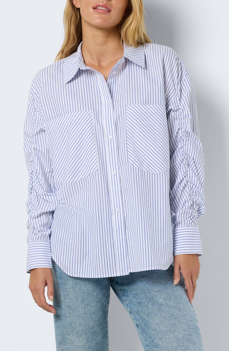Noisy may Jada Stripe Cotton Blend Button-Up Shirt, Main, color, Bright White Stripes