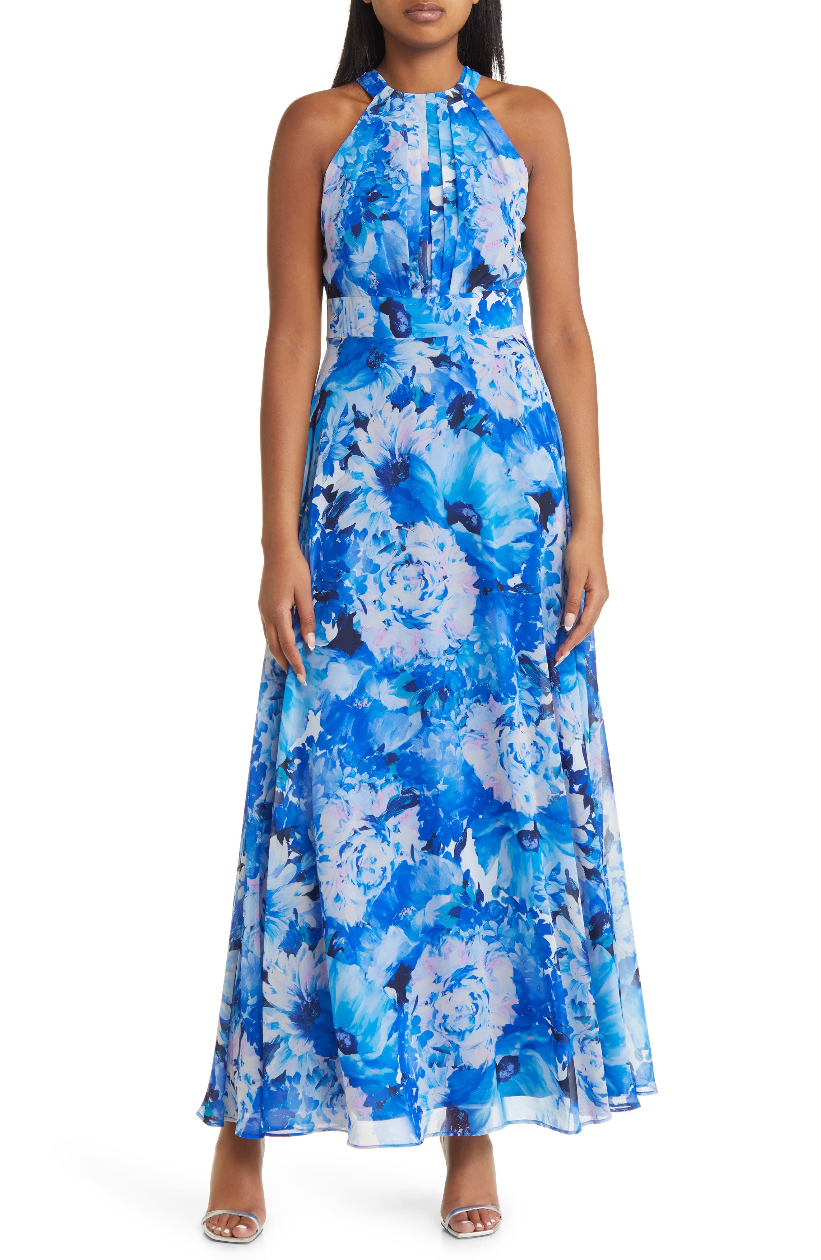 Robe Eliza J – Col V Profond Halter – Plissée En Mousseline De Soie – Taille 2 – Marine (navy) – Longueur Maxi – Neuf Sans étiquette