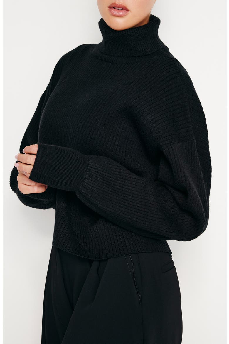 Rib Bishop Sleeve Turtleneck Sweater, Alternate, color, BLACK001