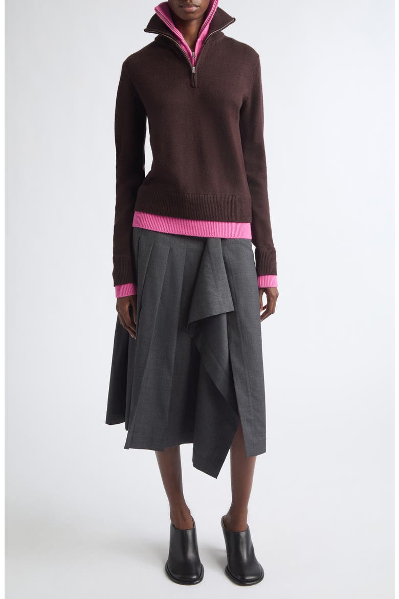 Double Layer Half Zip Merino Wool Sweater, Alternate, color, BROWN/ PINK