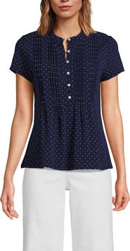 Lands' End Short Sleeve Lightweight Jersey Button Pintuck Top