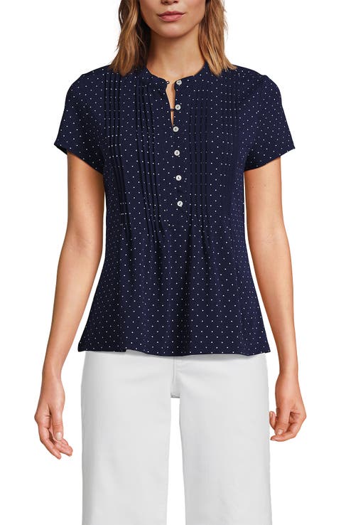 Lands' End Short Sleeve Lightweight Jersey Button Pintuck Top
