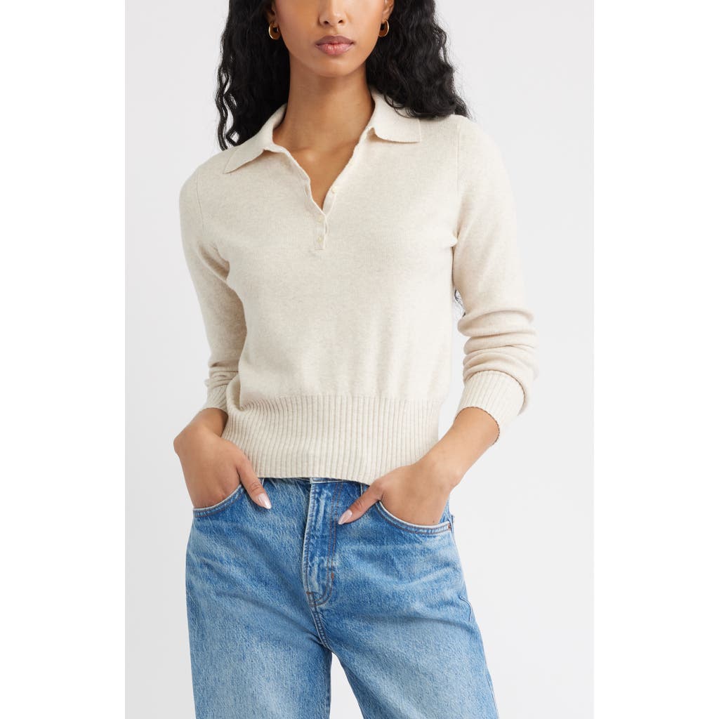 Open Edit Long Sleeve Polo Sweater In Beige Oatmeal Light Heather