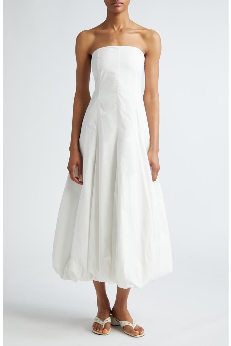 Globo Strapless Bubble Hem Midi Dress, Main, color, WHITE