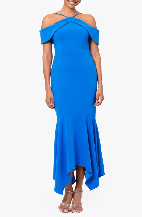 Cold Shoulder Handkerchief Hem Scuba Crepe Gown