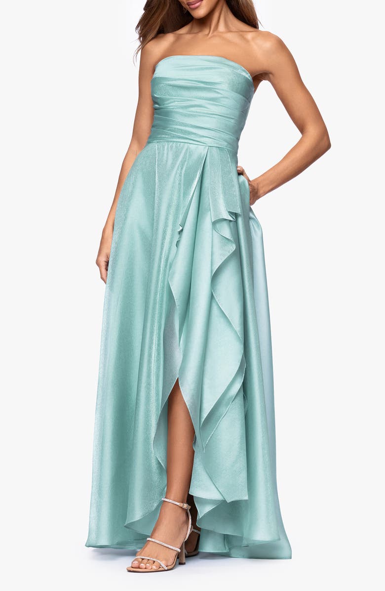 Xscape Evenings Strapless Ruffle Detail Metallic Organza Gown, Alternate, color, Seafoam