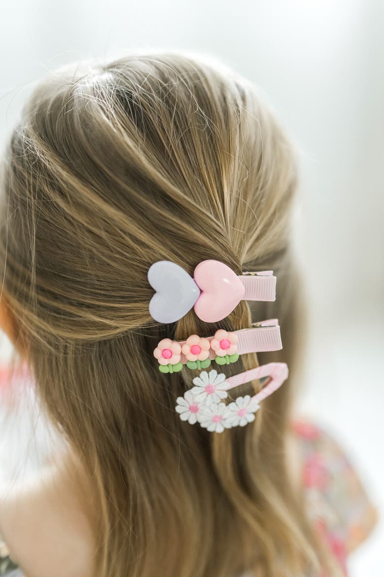 3pc Hair Clip Set - Heart & Daisy Charm, Alternate, color, Strawberry Sugar Bloom