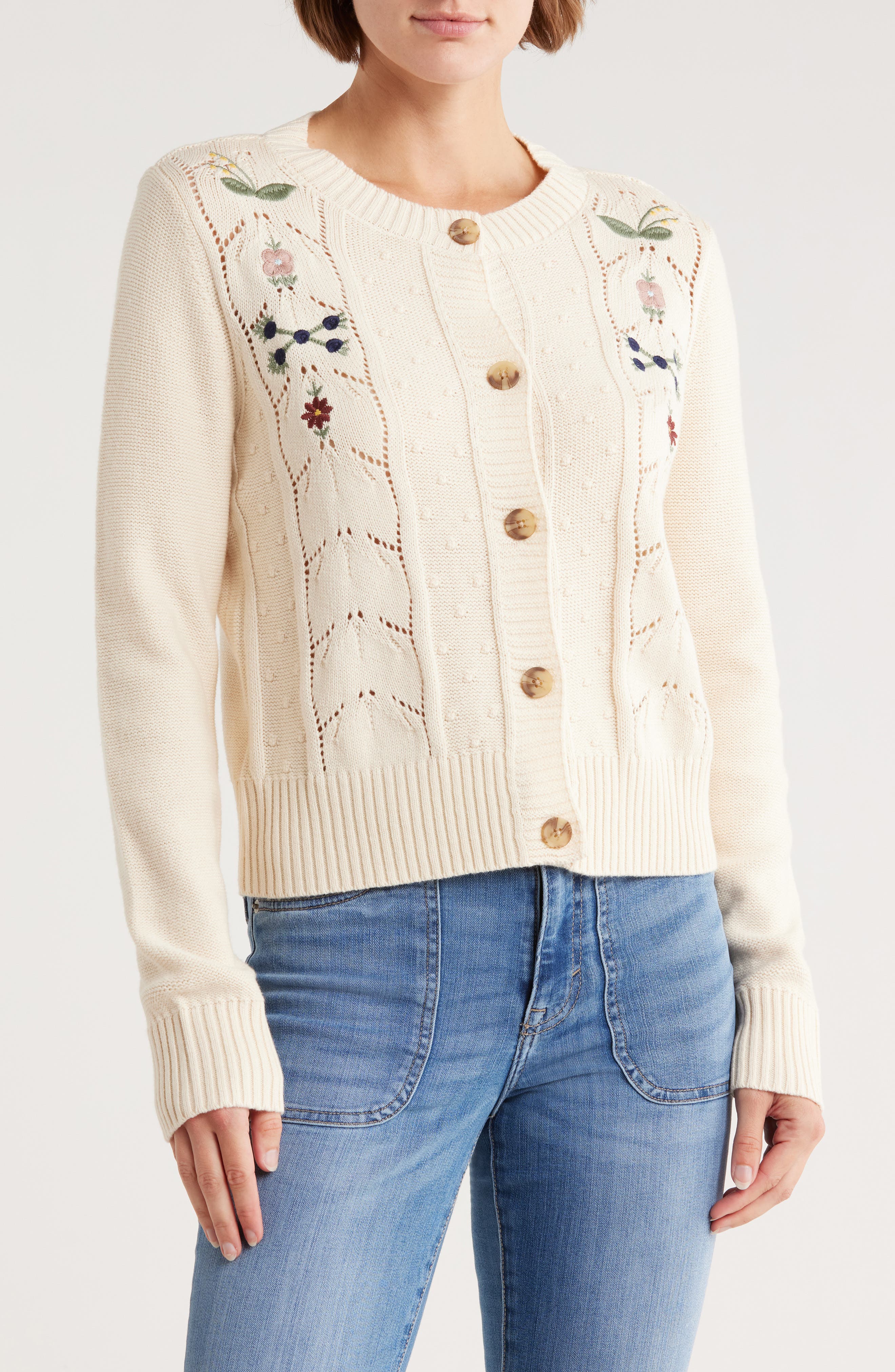 Floral Embroidered Pointelle Cardigan