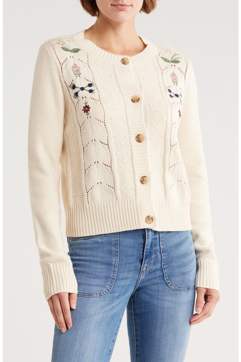 Floral Embroidered Pointelle Cardigan, Main, color, WHITECAP GRAY