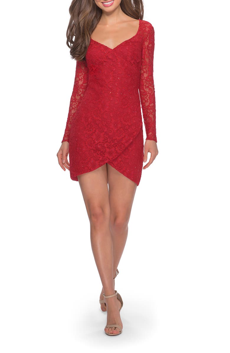 La Femme Long Sleeve Lace Short Dress with Sheer Back Detail, Main, color, Red