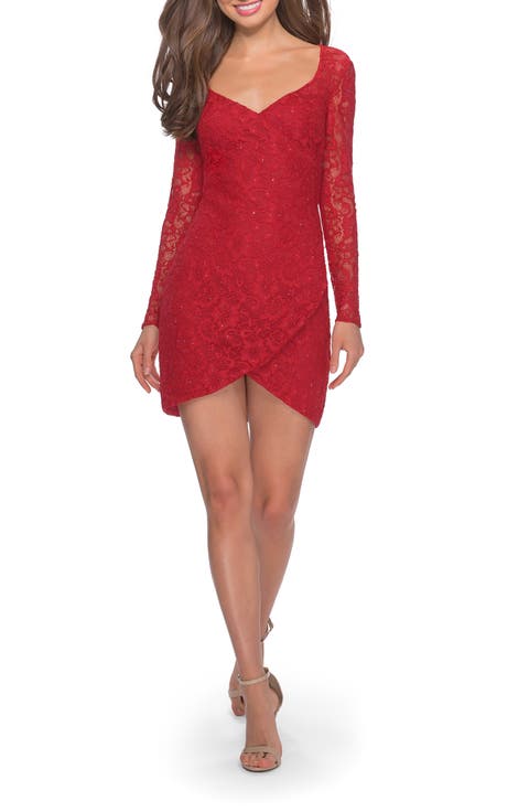 Long Sleeve Lace Short Dress with Sheer Back Detail