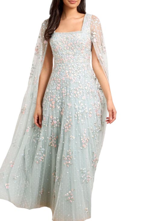 Versailles Ditsy Cape Sleeve Ankle Gown