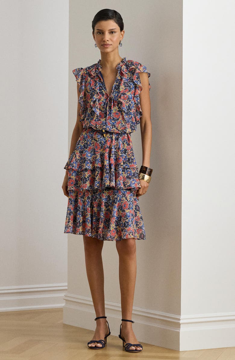 Lauren Ralph Lauren Floral Tiered Georgette Dress, Alternate, color, Cream/ Red/ Blue