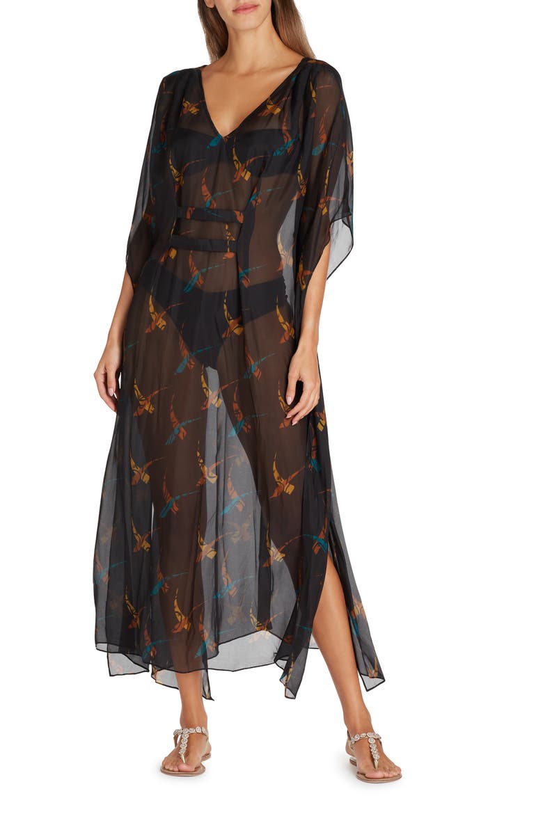Florence Maxi Sheer Silk blend Cover-up Kaftan, Main, color, Black