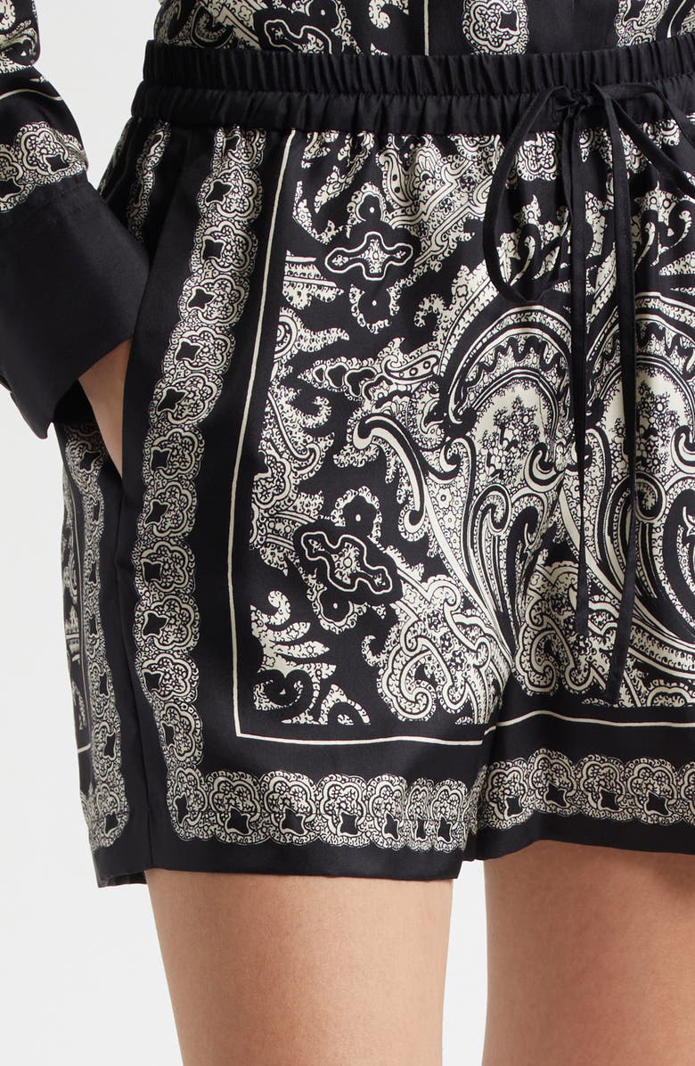 Nili Lotan Frances Silk Shorts, Alternate, color, Black/ Ivory Paisley Scarf
